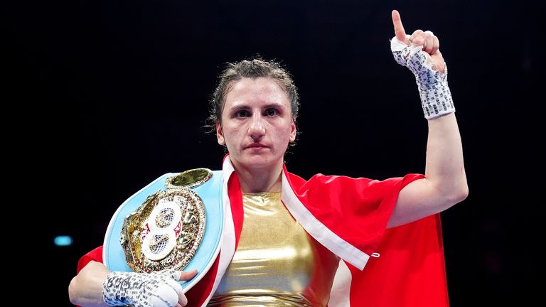 Elif Nur Turhan celebrates winning their IBF World Lightweight bout against Taylah Gentzen at Utilita Arena, Newcastle. Picture date: Saturd