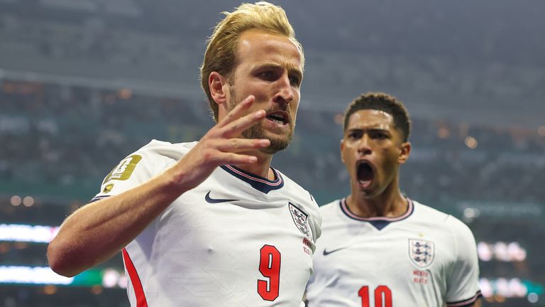 Harry Kane celebrates putting England 3-1 up from the penalty spot