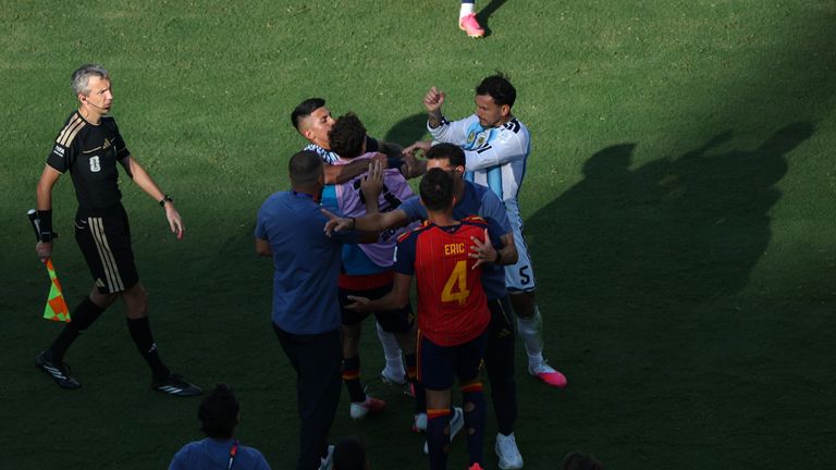 Leandro Paredes of Argentina and Gavi of Spain are involved in an altercation after the FIFA World Cup Final between Spain and Argentina at New York New Jersey Stadium in East Rutherford, New Jersey. (Photo by Pat Isaacs/MI News/NurPhoto)