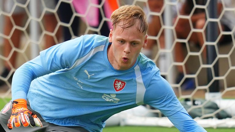 Goalkeeper Lukas Hornicek, of the Czechia men's national soccer team, works out during a public training session, Saturday, June 6, 2026, in Mansfield, Texas, ahead of the World Cup soccer tournament. (AP Photo/Julio Cortez)
