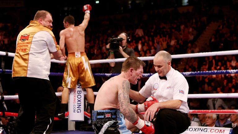 Ricky Hatton fails to get up after being knocked down by Vyacheslav Senchenko of Ukraine during their Welterweight bout at the MEN Arena.