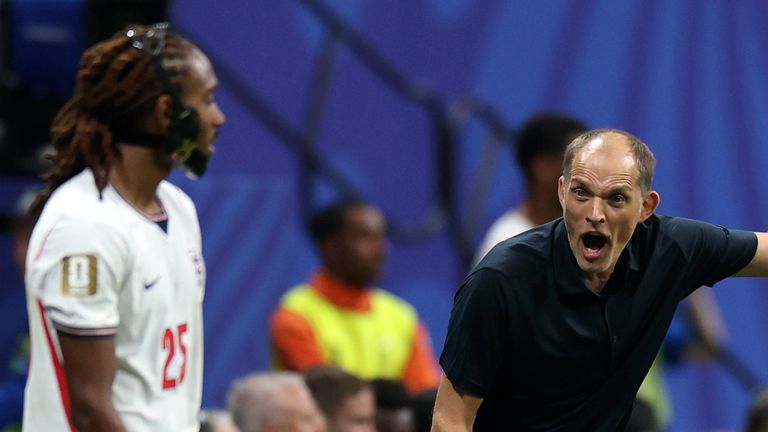 Thomas Tuchel, Manager of England, reacts with Djed Spence #25 of England during the FIFA World Cup 2026 Round Of 32
