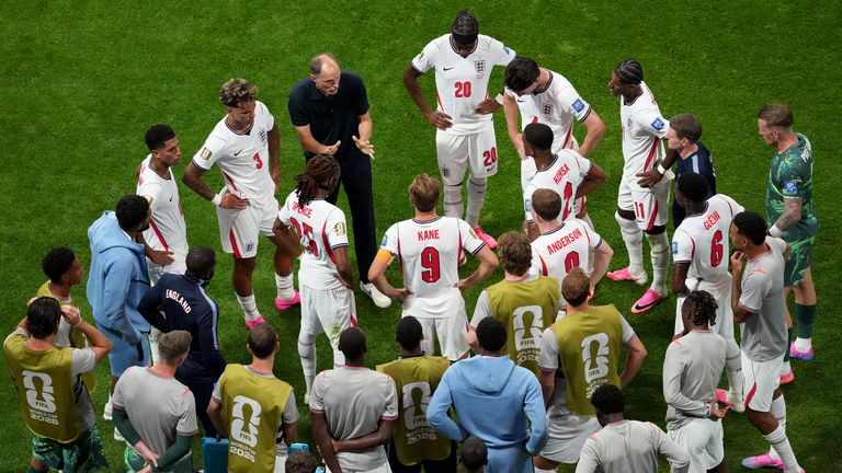 England manager Thomas Tuchel speaks to players during a hydration break