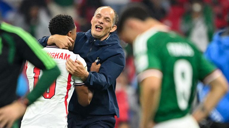 Thomas Tuchel and Jude Bellingham celebrating after England's 3-2 win over Mexico