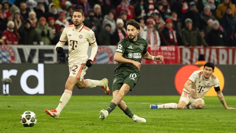 Nicolas Kuhn put Celtic 1-0 up against Bayern Munich in the Champions League's first knockout round in 2025