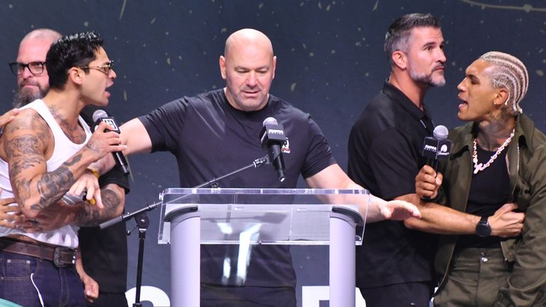 NEW YORK, NY - JULY 18: Ryan Garcia, Dana White and Conor Benn pictured during Zuffa Boxing Press Conference on day 3 of Fanatics Fest NYC on July 18, 2026 at Javits Center in New York City. Credit: mpi099/MediaPunch /IPX