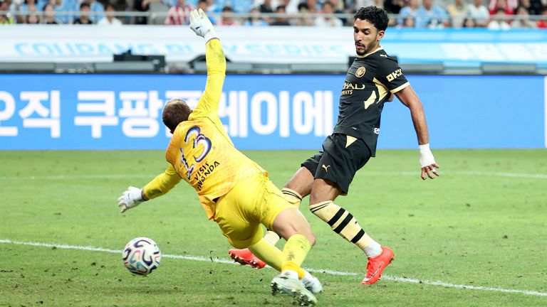 Omar Marmoush tucks in a close-range finish against Atletico Madrid