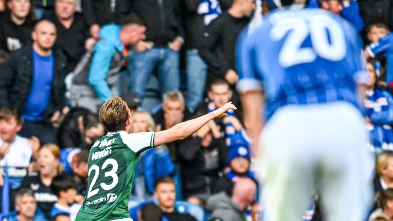 GLASGOW,  SCOTLAND - AUGUST 09: Hibernian's Callum Wright celebrates as he scores to make it 2-1 during a William Hill Premiership match between Rangers and Hibernian at Ibrox Stadium, on August 09, 2026, in Glasgow, Scotland. (Photo by Rob Casey / SNS Group)