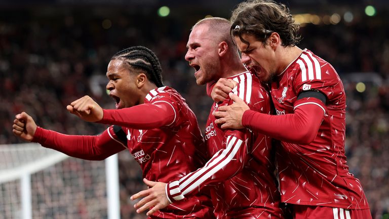 Rio Ngumoha celebrates with Alexis Mac Allister and Milos Kerkez