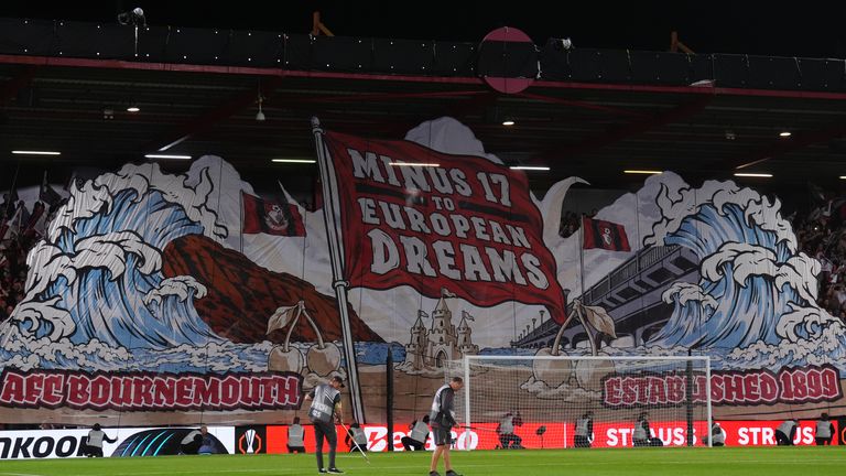 Bournemouth's pre-match tifo that reads 'from minus 17 to European dreams'