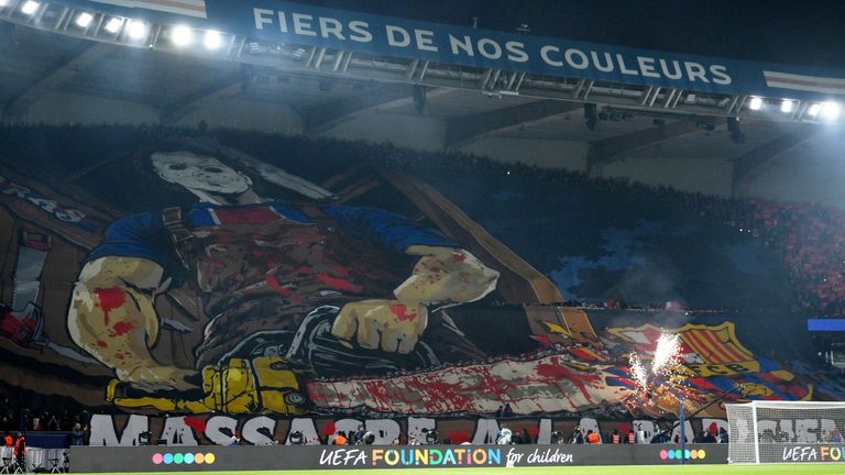 PSG fans unveil a tifo at the Parc des Princes
