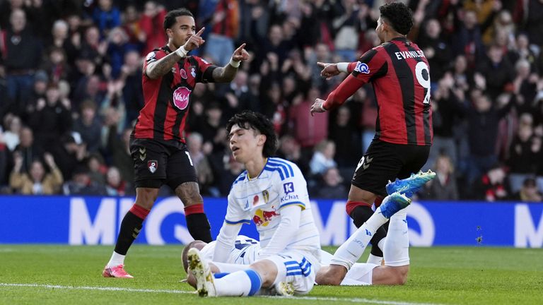 Evanilson celebrates with Justin Kluivert after firing Bournemouth in front against Leeds