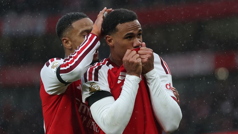 Arsenal's Gabriel celebrates after scoring the second goal (AP Photo/Ian Walton)
