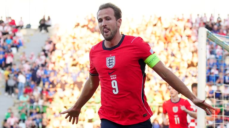Harry Kane celebrates scoring England's first against Croatia in the Nations League