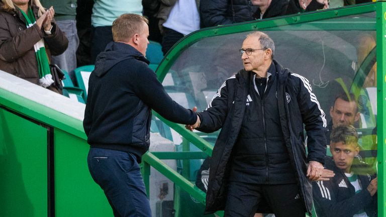 Celtic manager Martin O'Neill and Hearts head coach Wouter Vrancken shake hands at full-time 