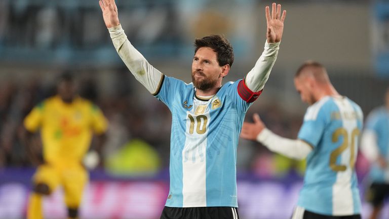 Messi waves to the crowd after scoring his final Argentina goal