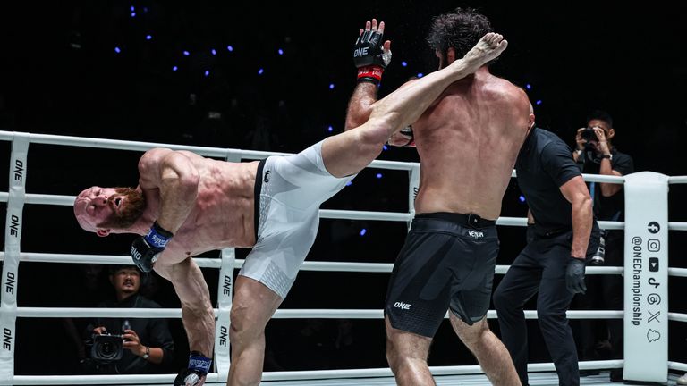 Elliott tried to attack his opponent with some hard kicks, including this spinning back heel (Credit: ONE Championship)